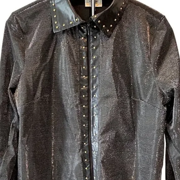 NWOT Unisex Black Leather Gold Studded Glitter Oversized Mesh Western Rock  XS - Picture 2 of 8